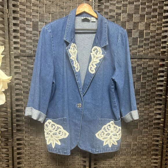 Joanna Vintage Denim w/ Doily Lace Pattern Blazer Jacket Size XL - Picture 1 of 6